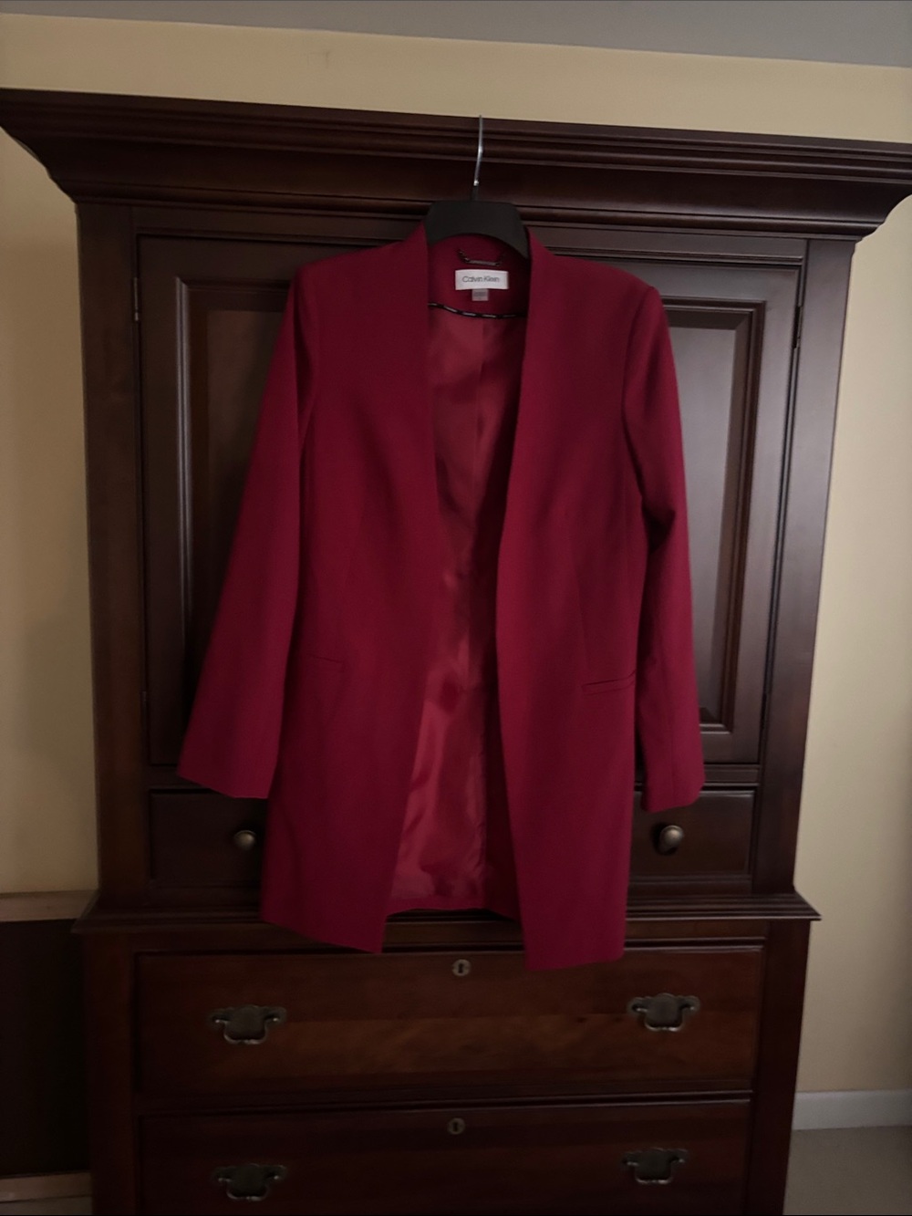 Calvin Klein Women's Wine-Red Open Front Long Blazer